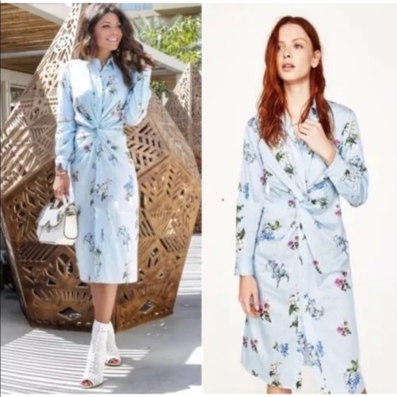 Zara Dresses & Skirts - Zara Floral Striped Front Knot Shirt Dress